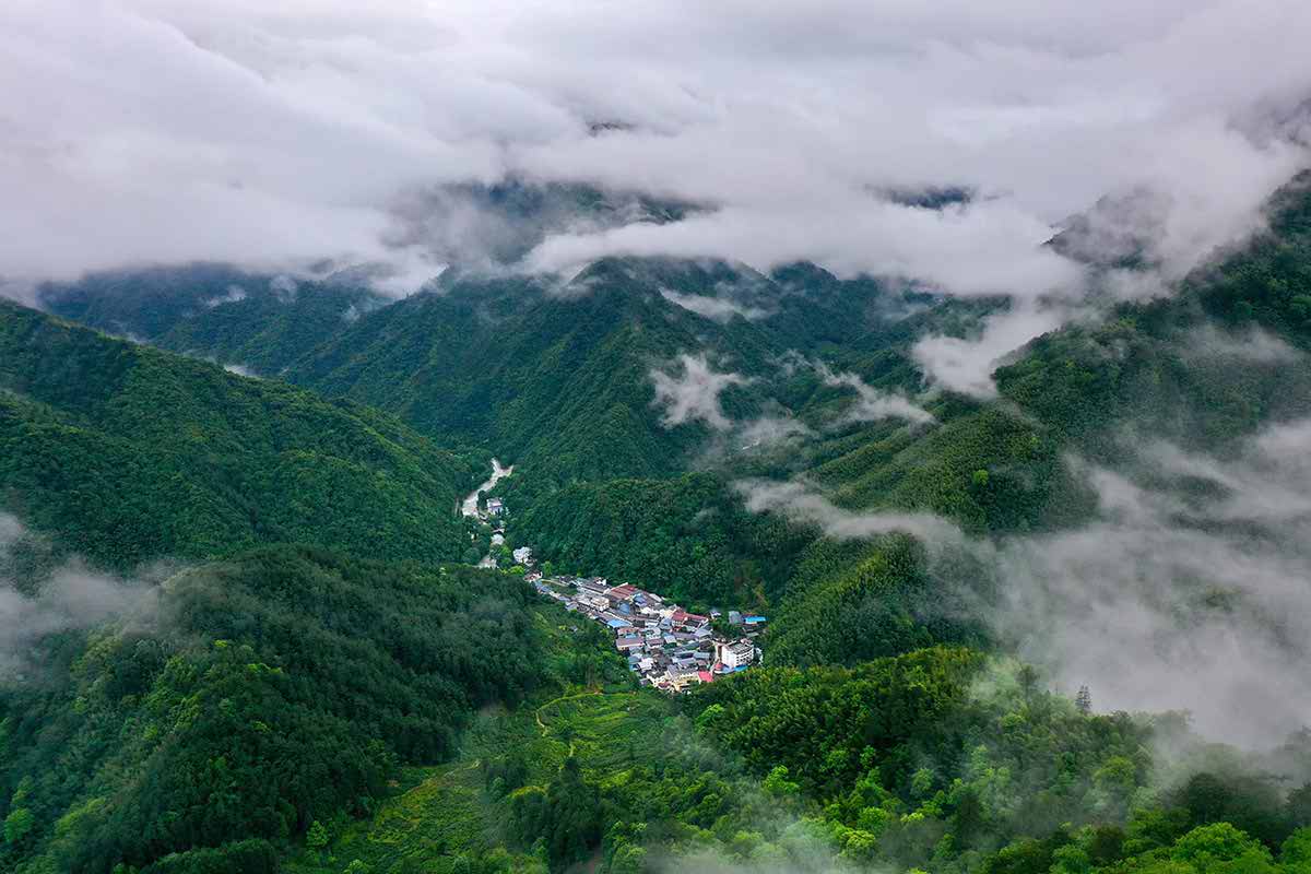 Tongmu village shrouded in clouds and mist